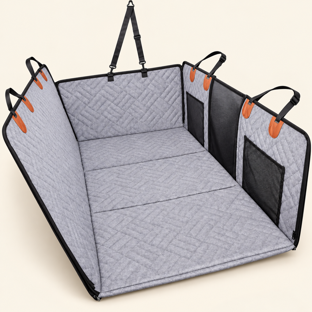 Dog Car Seat Cover — Grey, product photo on warm cream
