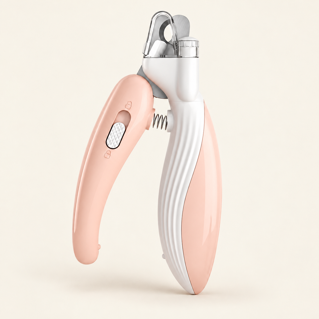 LED Pet Nail Clippers — Pink Led, product photo on warm cream
