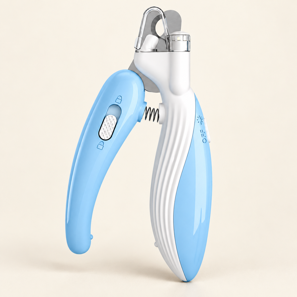 LED Pet Nail Clippers — Blue Led, product photo on warm cream