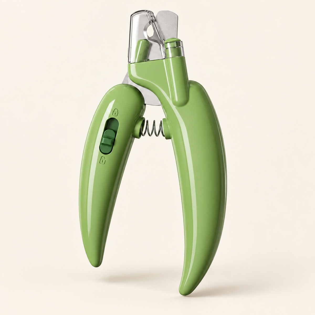 LED Pet Nail Clippers — Green Led, product photo on warm cream