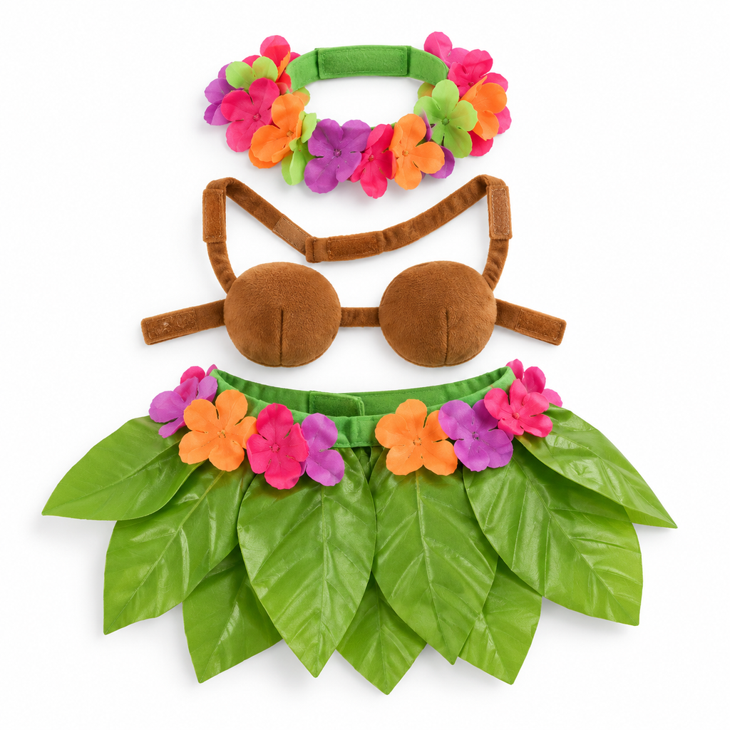 hula costume set only on white — AI styled from actual product references