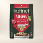 Instinct Beef Mixers Dog Topper, single 14 oz bag on a cream background