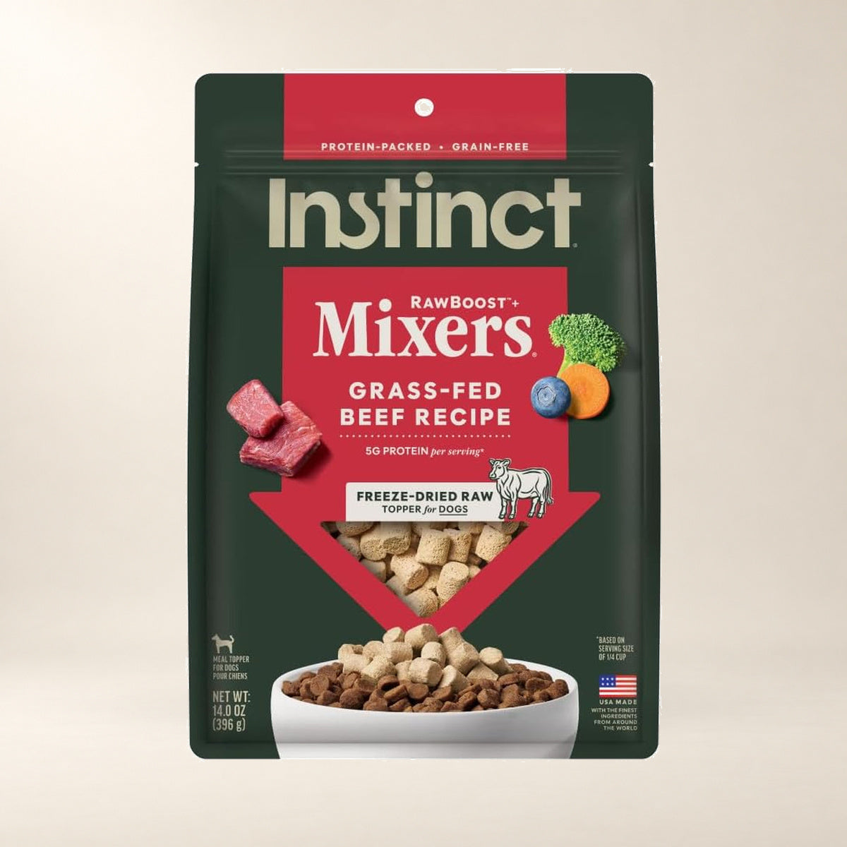 Instinct Beef Mixers Dog Topper, single 14 oz bag on a cream background