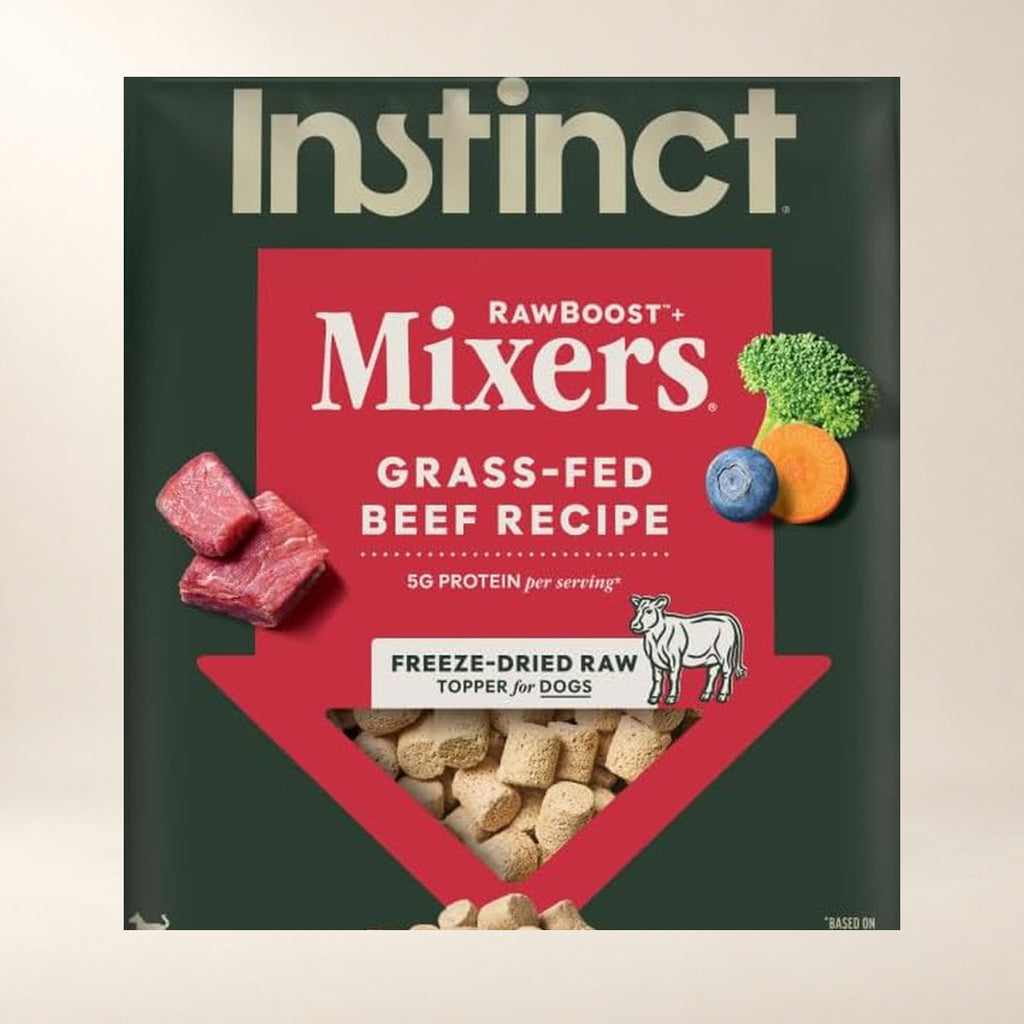 Instinct Beef Mixers Dog Topper – 14 oz — close-up of the authentic packaging label