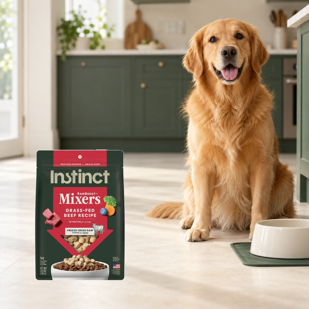 Instinct Beef Mixers Dog Topper – 14 oz — packaging in a cream and forest-green mealtime scene