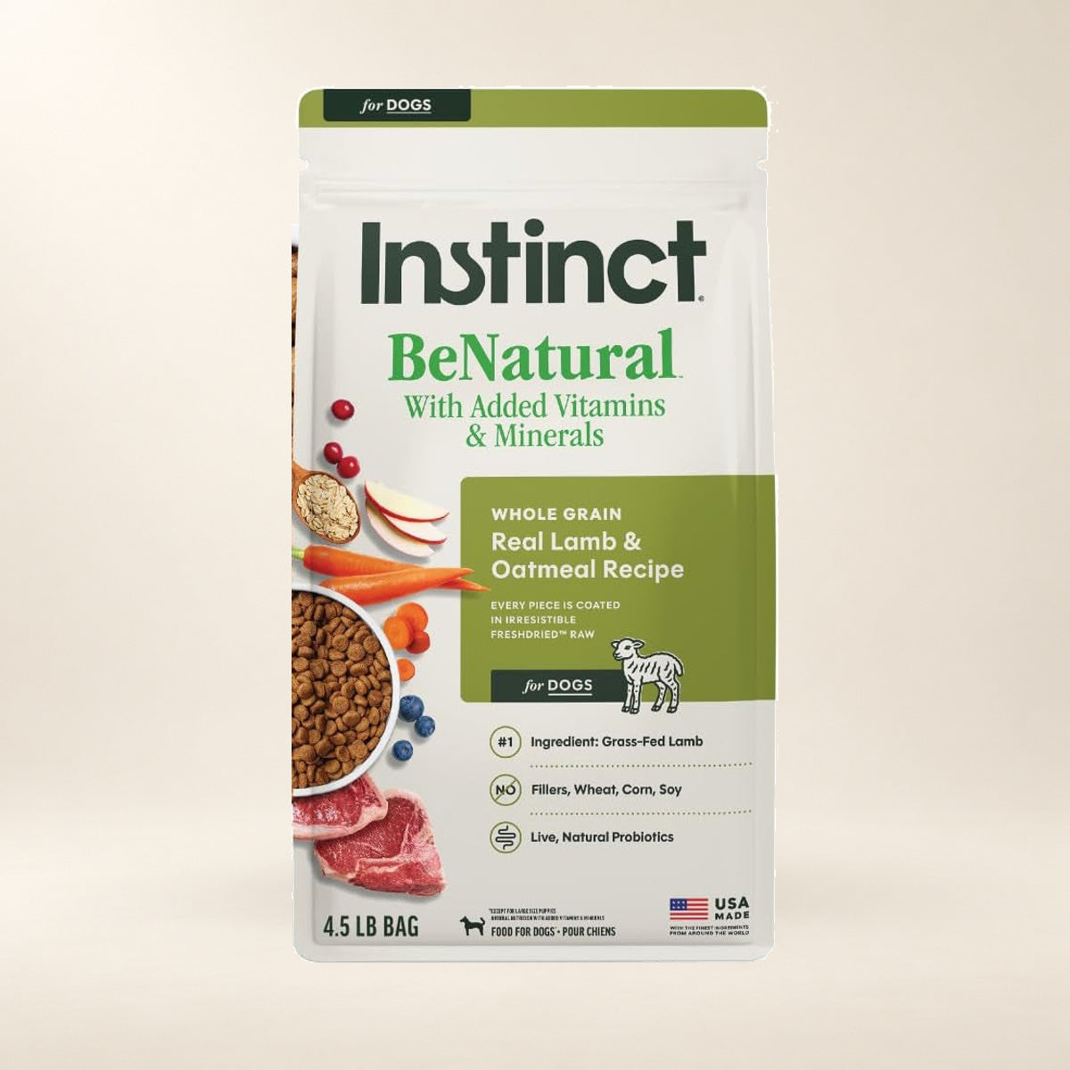 Instinct BeNatural Lamb & Oatmeal Dog Food – 4.5 lb — authentic packaging on a cream background