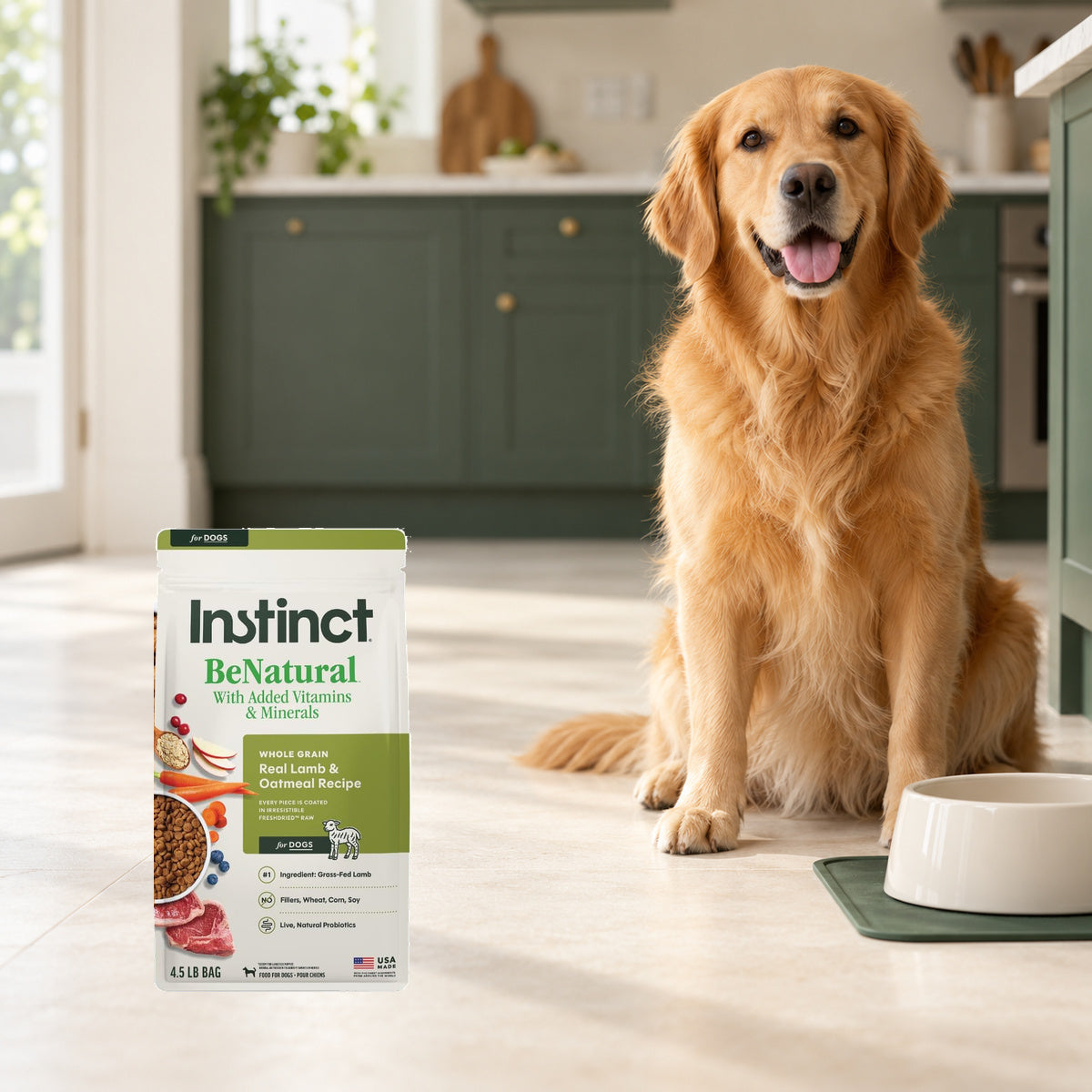 Instinct BeNatural Lamb & Oatmeal Dog Food – 4.5 lb — packaging in a cream and forest-green mealtime scene