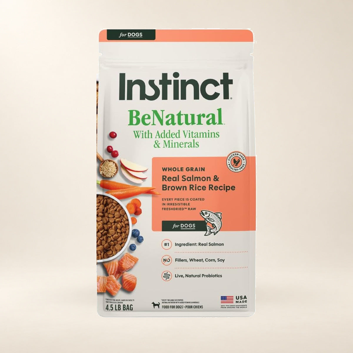 Instinct BeNatural Salmon & Brown Rice Dog Food – 4.5 lb — authentic packaging on a cream background