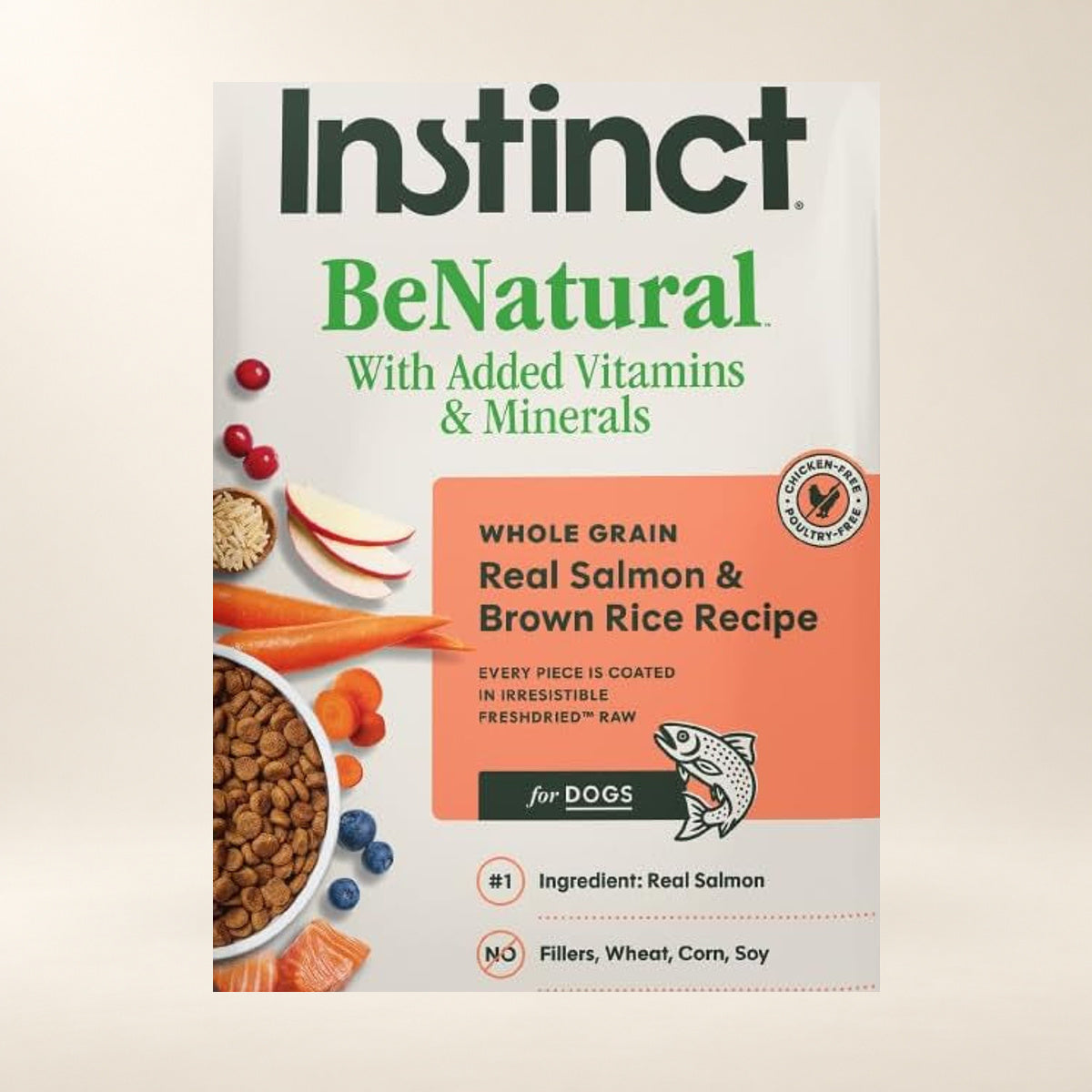 Instinct BeNatural Salmon & Brown Rice Dog Food – 4.5 lb — close-up of the authentic packaging label