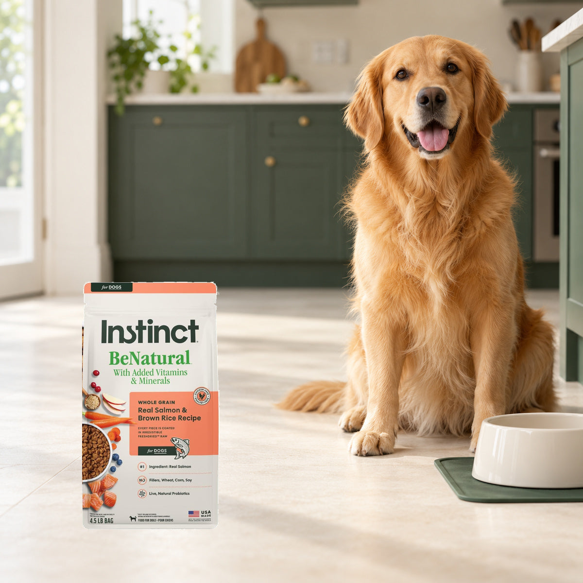 Instinct BeNatural Salmon & Brown Rice Dog Food – 4.5 lb — packaging in a cream and forest-green mealtime scene