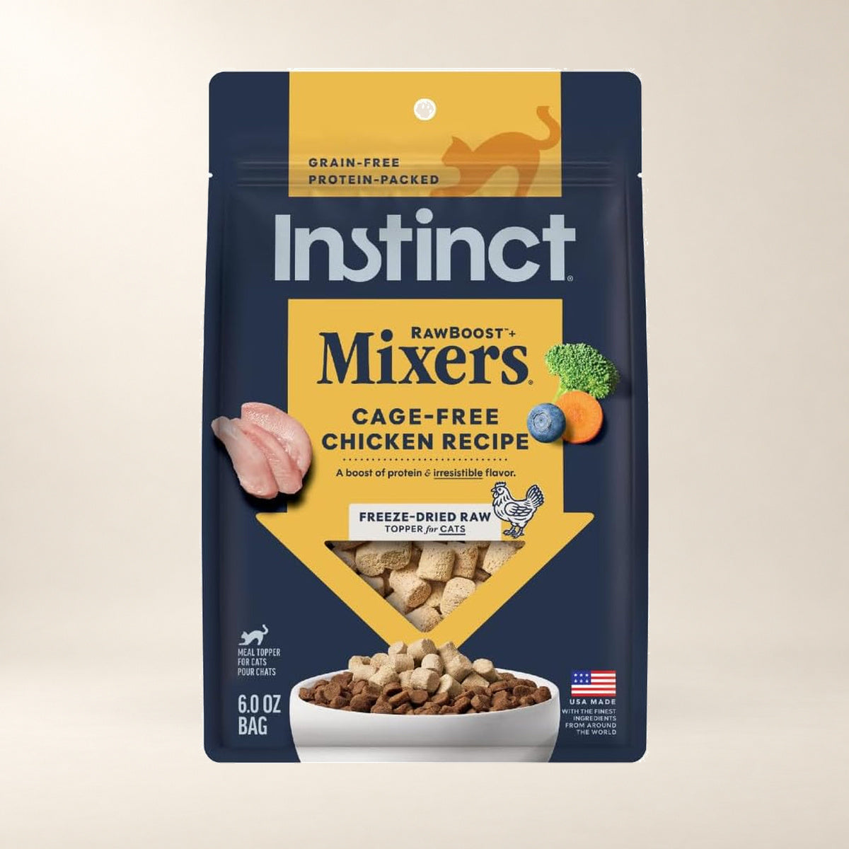 Instinct Chicken Mixers Cat Topper – 6 oz — authentic packaging on a cream background