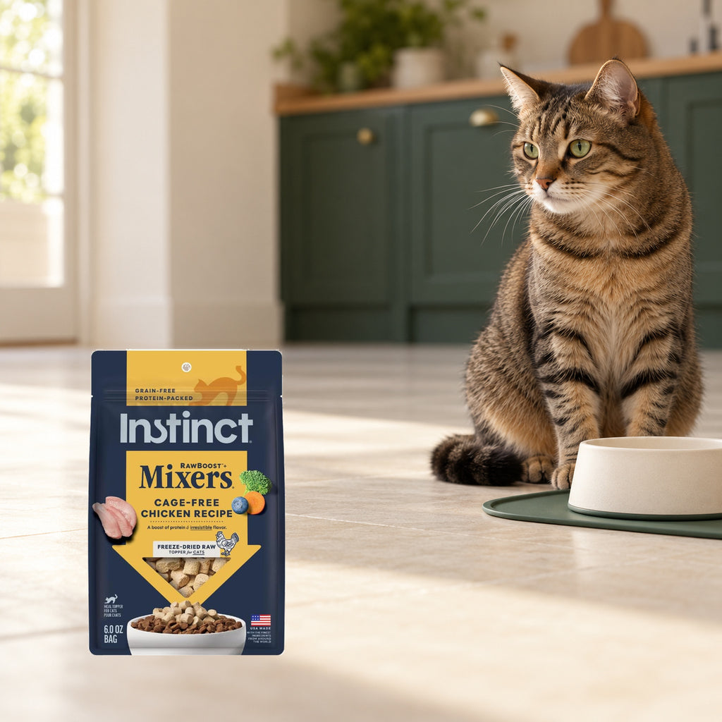 Instinct Chicken Mixers Cat Topper – 6 oz — packaging in a cream and forest-green mealtime scene