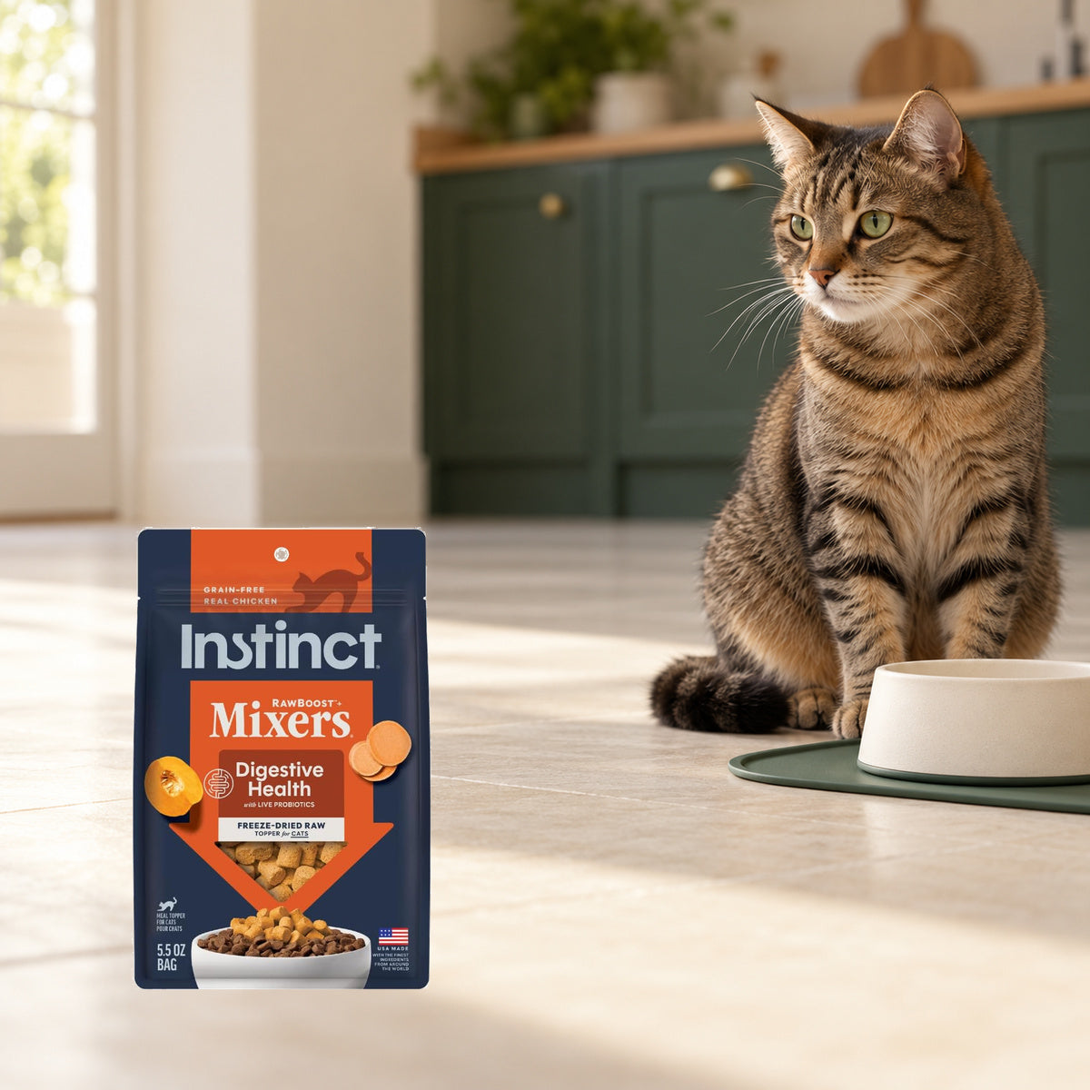 Instinct Digestive Health Cat Mixers – 5.5 oz — packaging in a cream and forest-green mealtime scene