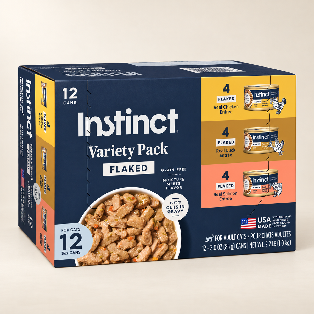 Instinct Flaked Variety Cat Food – 12 × 3 oz on cream background
