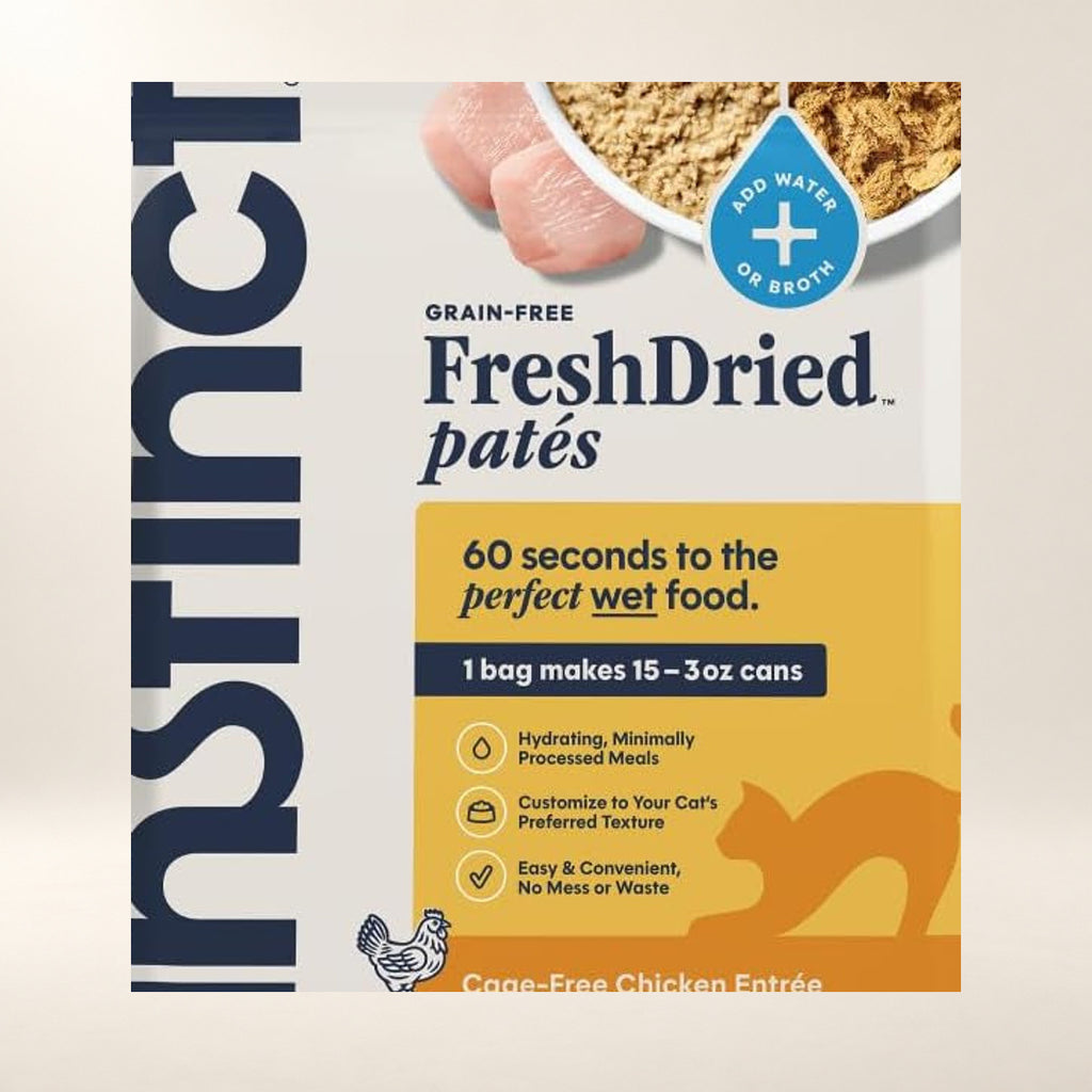 Instinct FreshDried Chicken Pâté Cat Food – 13 oz — close-up of the authentic packaging label