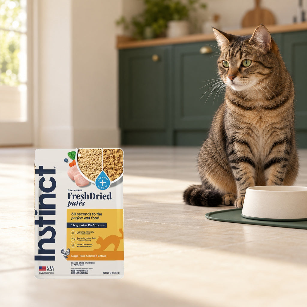 Instinct FreshDried Chicken Pâté Cat Food – 13 oz — packaging in a cream and forest-green mealtime scene