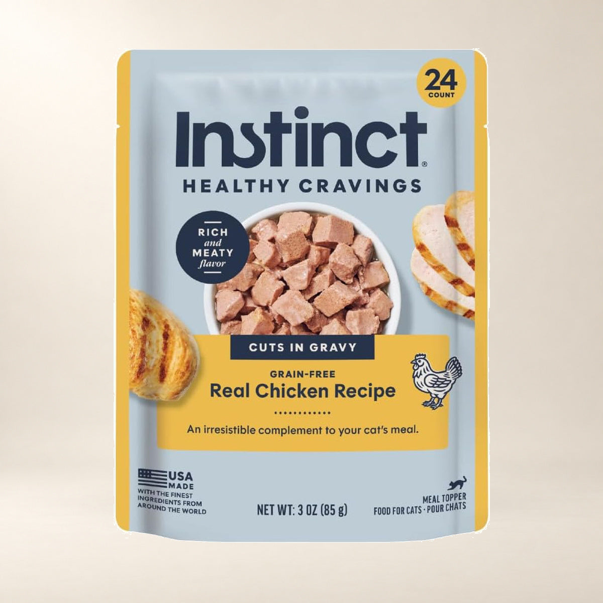 Instinct Healthy Cravings Chicken Cat Topper – 24 × 3 oz — authentic packaging on a cream background