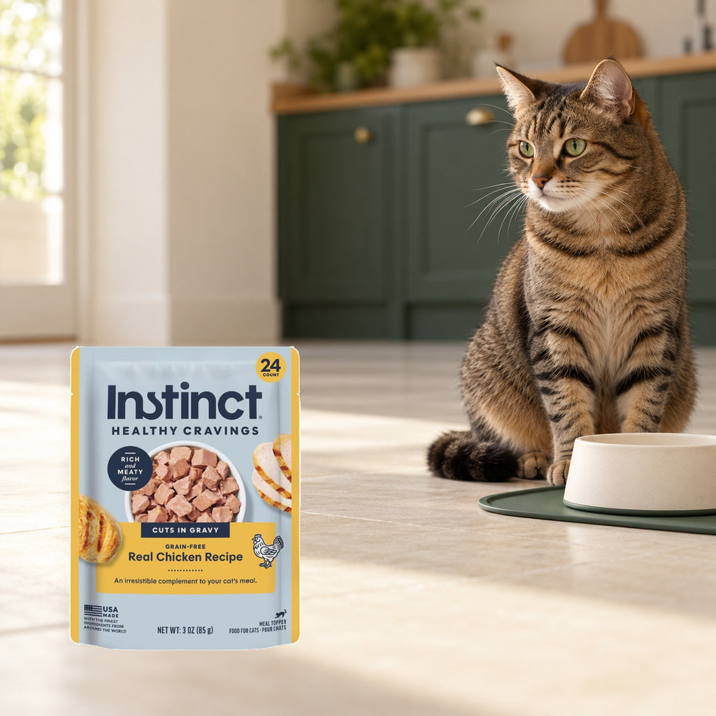 Instinct Healthy Cravings Chicken Cat Topper – 24 × 3 oz — packaging in a cream and forest-green mealtime scene