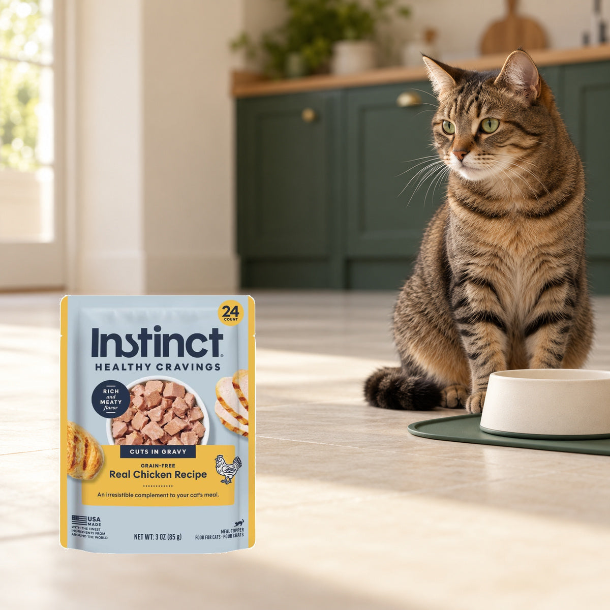 Instinct Healthy Cravings Chicken Cat Topper – 24 × 3 oz — packaging in a cream and forest-green mealtime scene