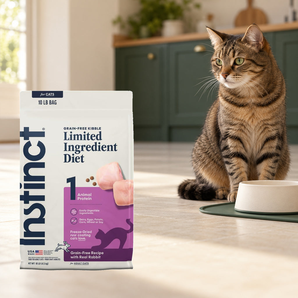 Instinct Limited Ingredient Rabbit Dry Cat Food – 10 lb — packaging in a cream and forest-green mealtime scene
