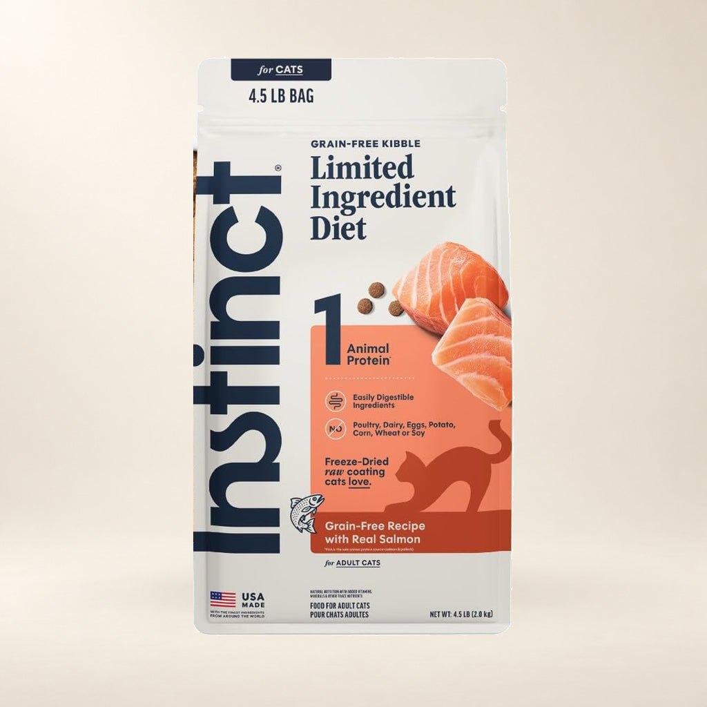 Instinct Limited Ingredient Salmon Dry Cat Food – 4.5 lb — authentic packaging on a cream background