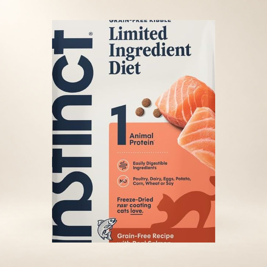 Instinct Limited Ingredient Salmon Dry Cat Food – 4.5 lb — close-up of the authentic packaging label