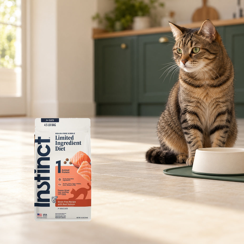Instinct Limited Ingredient Salmon Dry Cat Food – 4.5 lb — packaging in a cream and forest-green mealtime scene