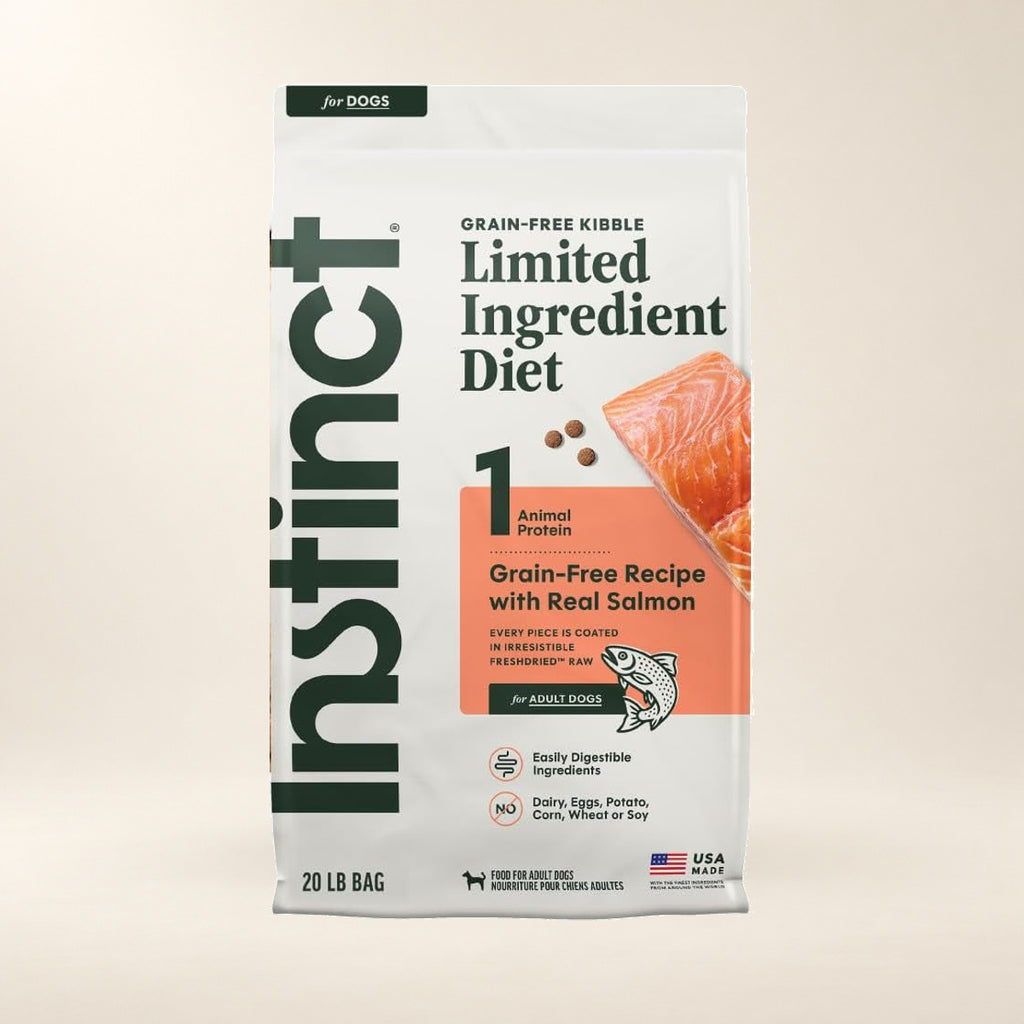 Instinct Limited Ingredient Salmon Dry Dog Food – 20 lb — authentic packaging on a cream background