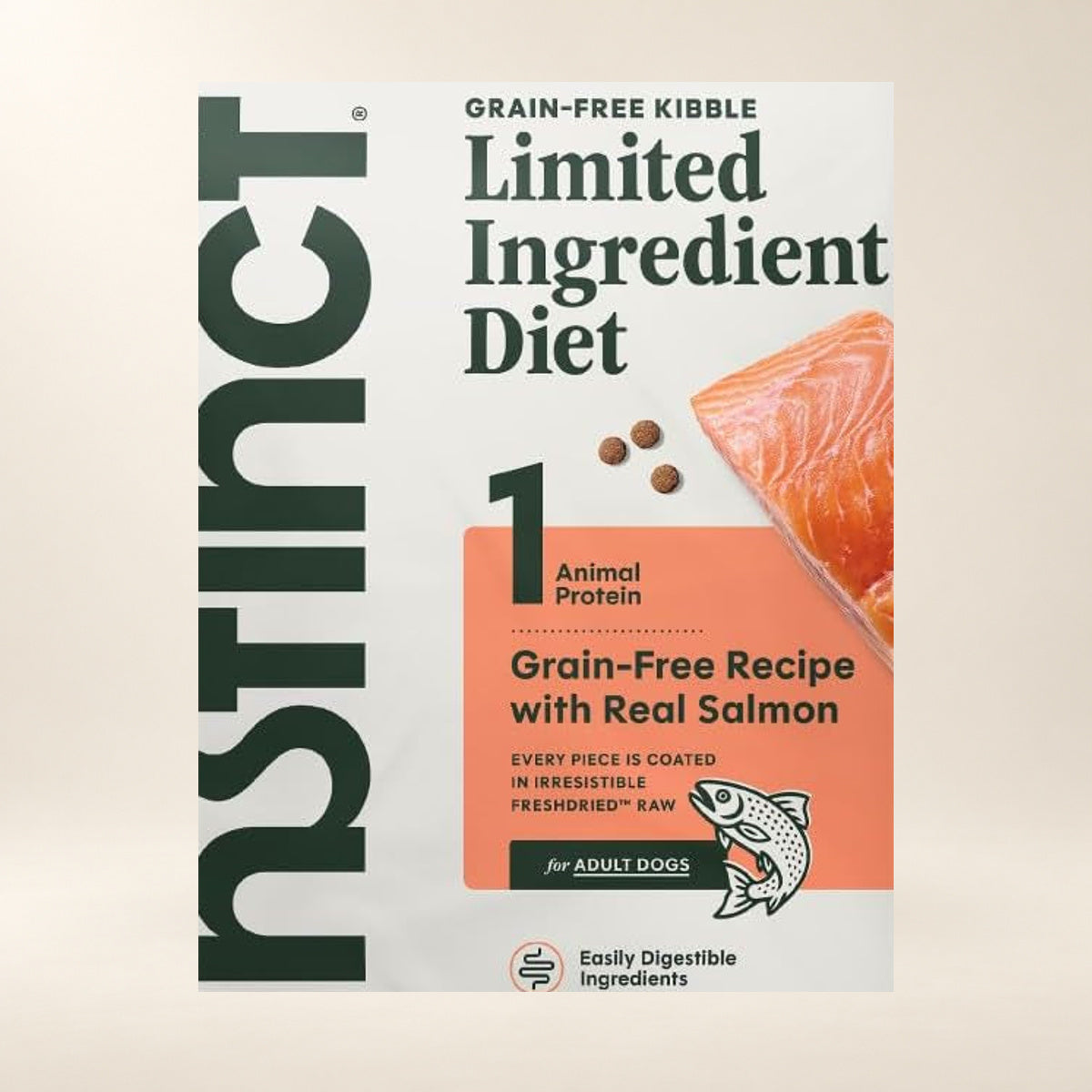 Instinct Limited Ingredient Salmon Dry Dog Food – 20 lb — close-up of the authentic packaging label