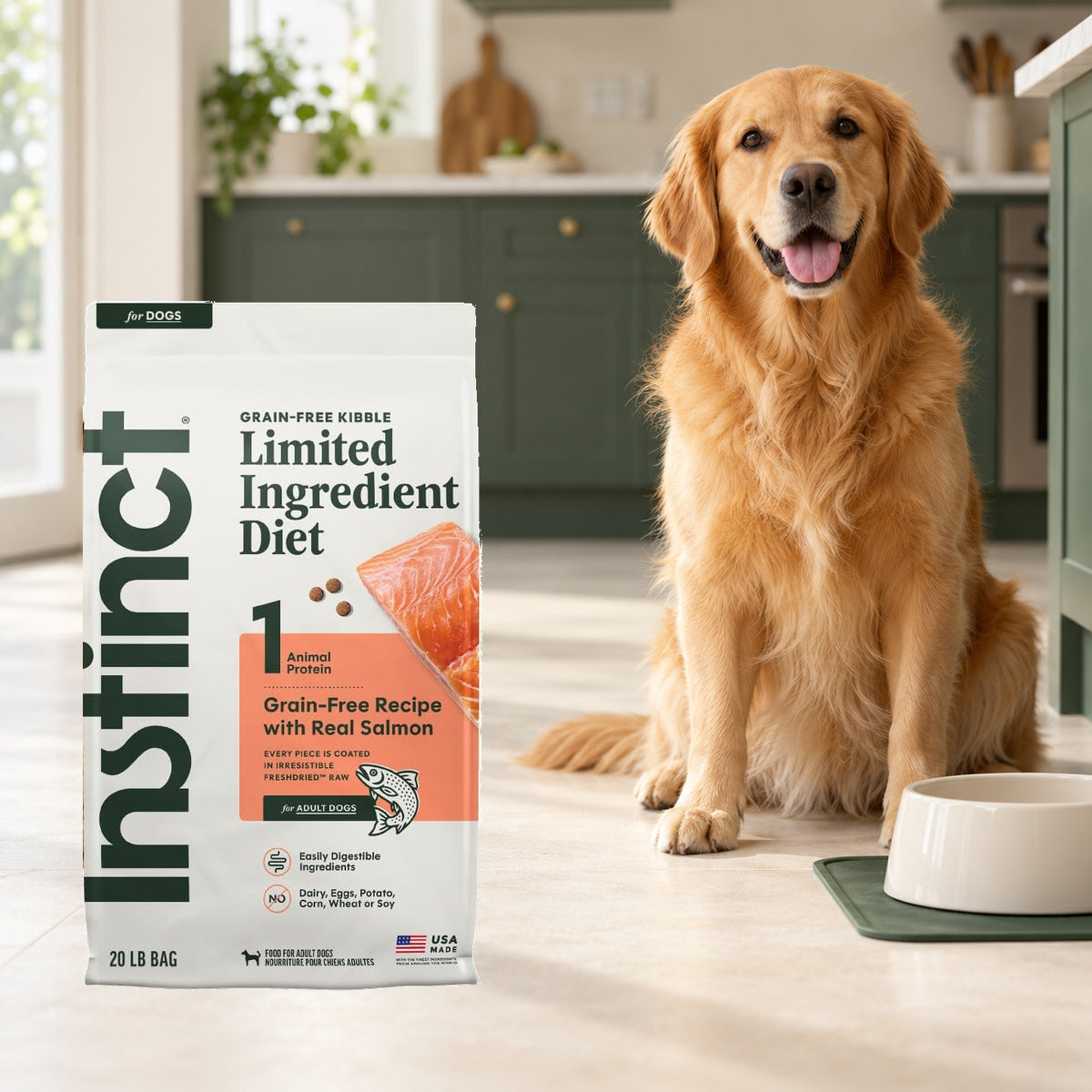 Instinct Limited Ingredient Salmon Dry Dog Food – 20 lb — packaging in a cream and forest-green mealtime scene