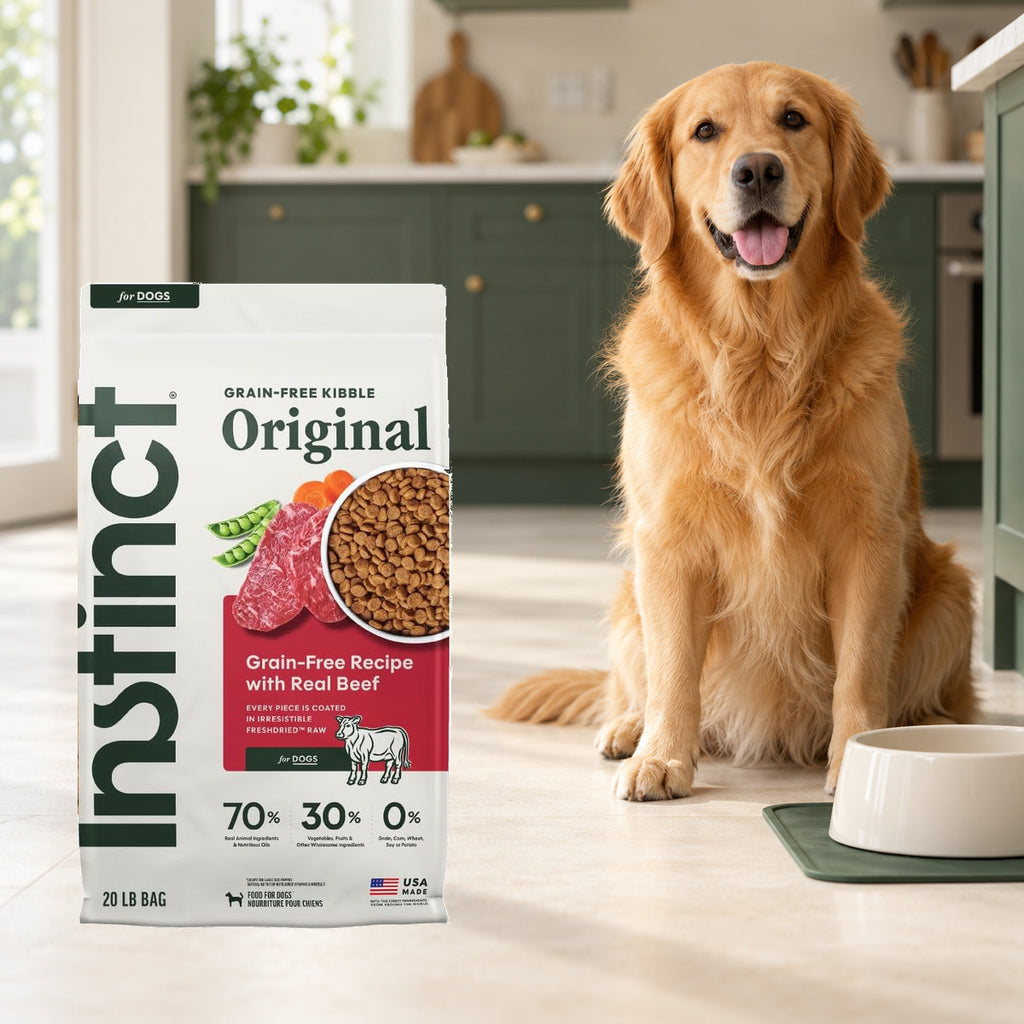 Instinct Original Beef Dry Dog Food – 20 lb — packaging in a cream and forest-green mealtime scene