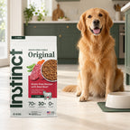 Instinct Original Beef Dry Dog Food – 20 lb — packaging in a cream and forest-green mealtime scene