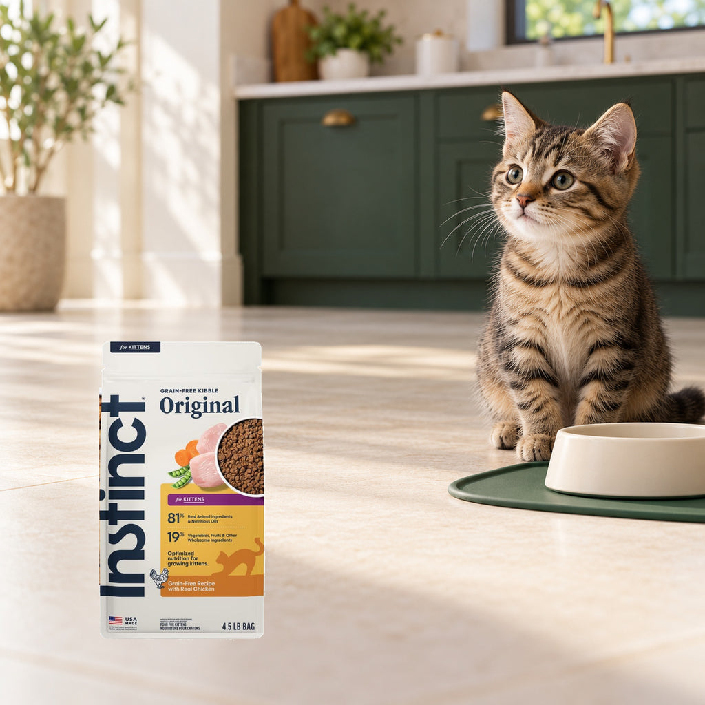 Instinct Original Chicken Kitten Food – 4.5 lb — packaging in a cream and forest-green mealtime scene