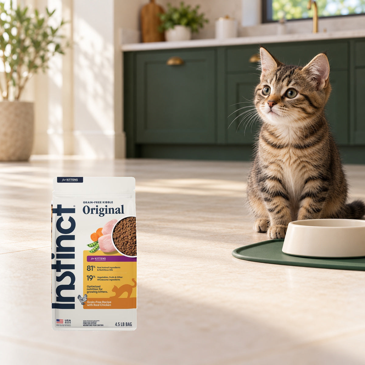Instinct Original Chicken Kitten Food – 4.5 lb — packaging in a cream and forest-green mealtime scene