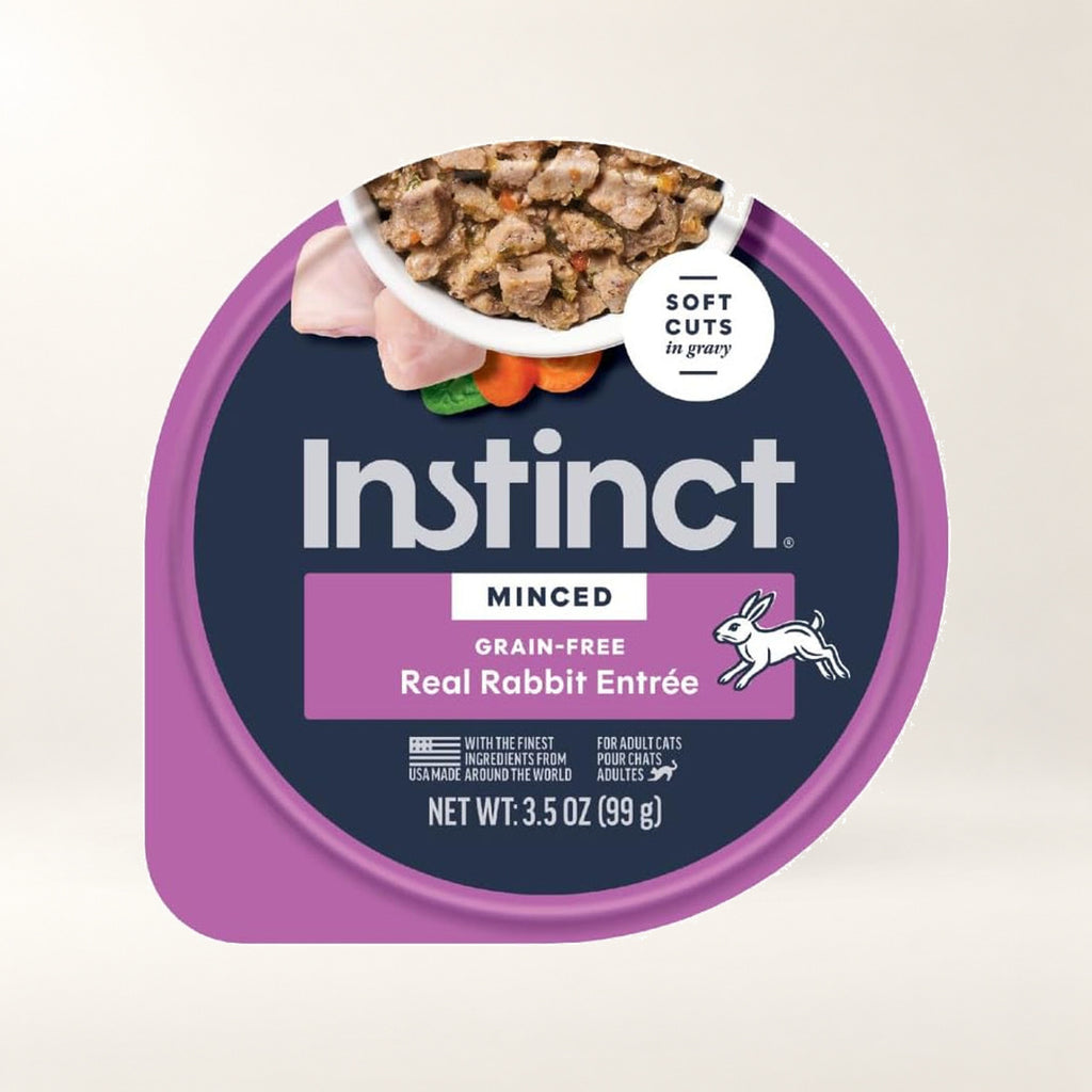 Instinct Rabbit Minced Wet Cat Food – 12 × 3.5 oz — authentic packaging on a cream background