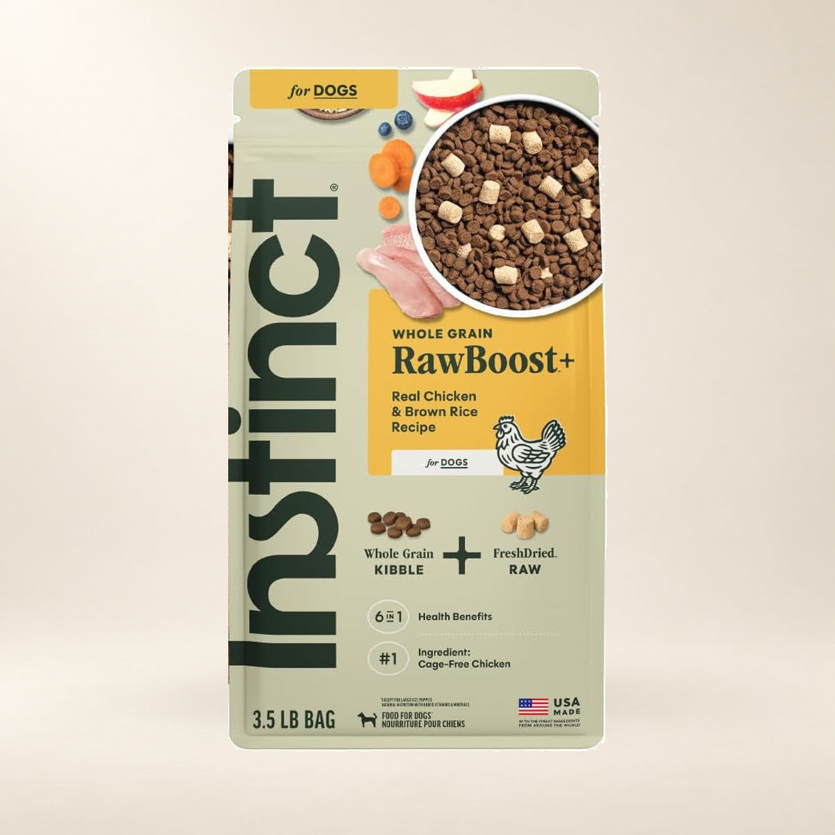 Instinct RawBoost Chicken & Brown Rice Dog Food – 3.5 lb — authentic packaging on a cream background