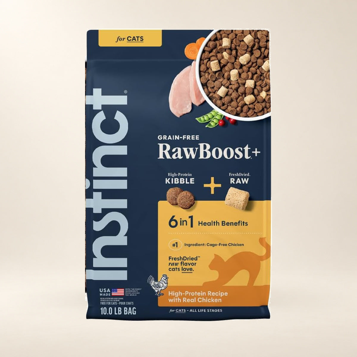 Instinct RawBoost Chicken Cat Food – 10 lb — authentic packaging on a cream background