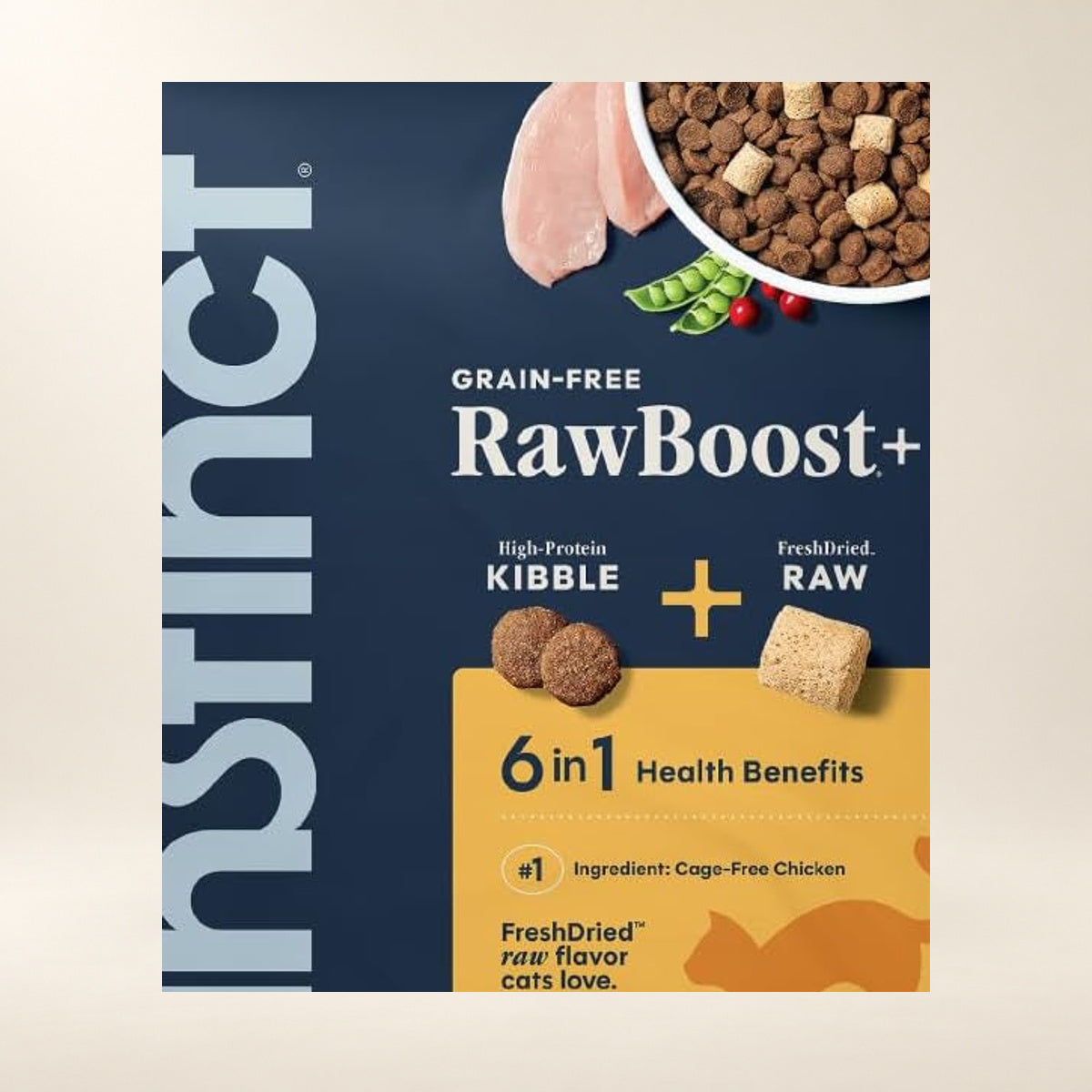 Instinct RawBoost Chicken Cat Food – 10 lb — close-up of the authentic packaging label