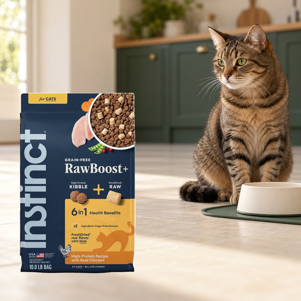 Instinct RawBoost Chicken Cat Food – 10 lb — packaging in a cream and forest-green mealtime scene
