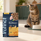 Instinct RawBoost Chicken Cat Food – 10 lb — packaging in a cream and forest-green mealtime scene