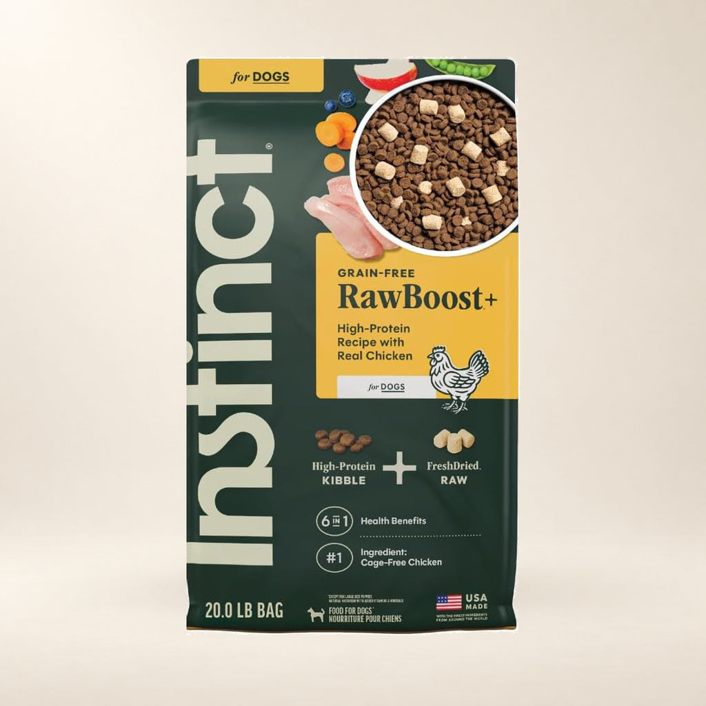 Instinct RawBoost Chicken Dog Food – 20 lb — authentic packaging on a cream background