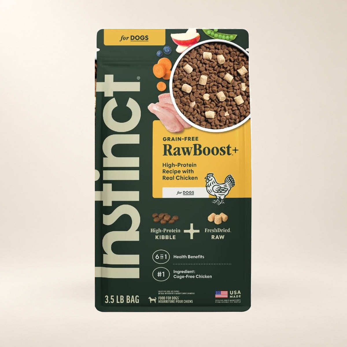 Instinct RawBoost Chicken Dog Food – 3.5 lb — authentic packaging on a cream background
