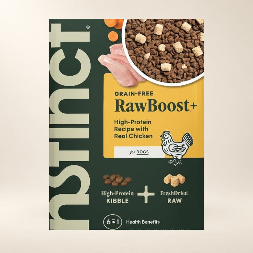 Instinct RawBoost Chicken Dog Food – 3.5 lb — close-up of the authentic packaging label