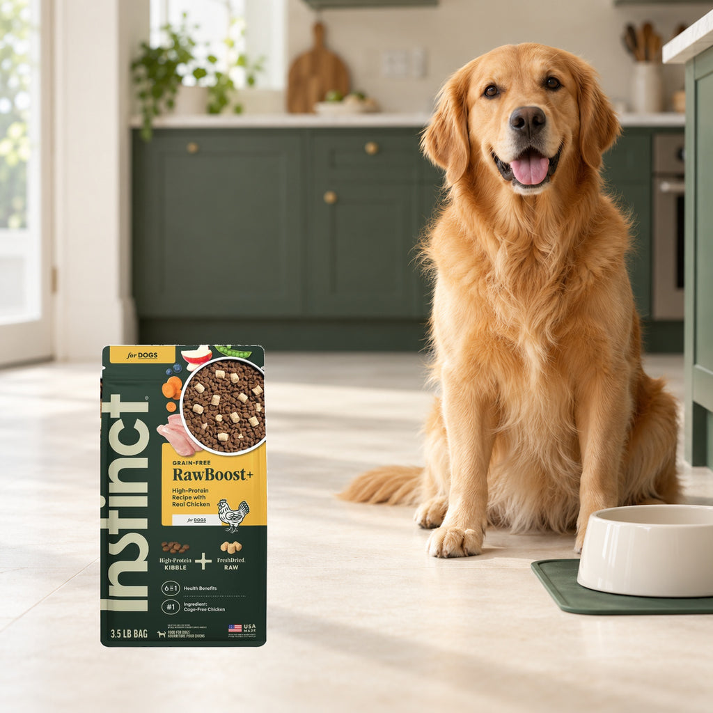 Instinct RawBoost Chicken Dog Food – 3.5 lb — packaging in a cream and forest-green mealtime scene