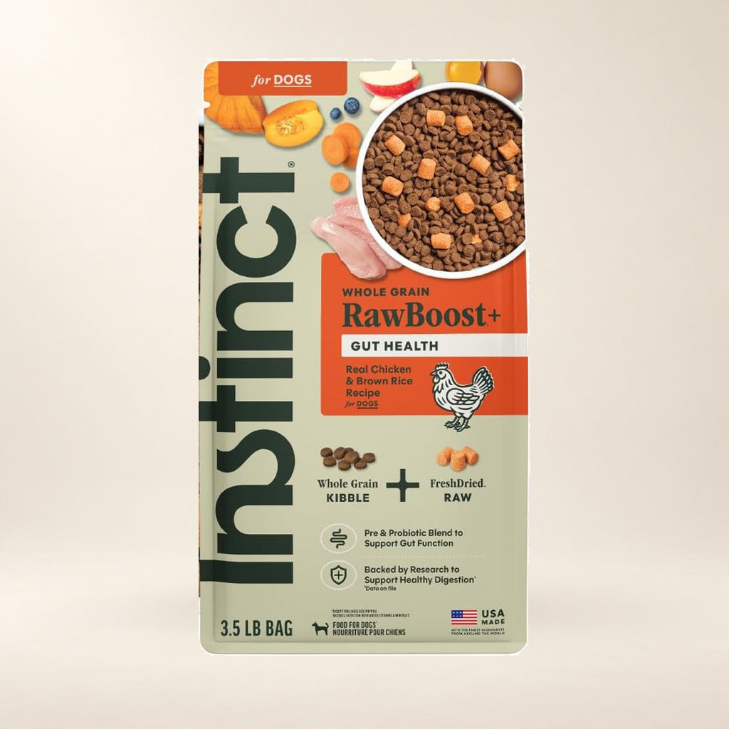 Instinct RawBoost Gut Chicken & Brown Rice Dog Food – 3.5 lb — authentic packaging on a cream background