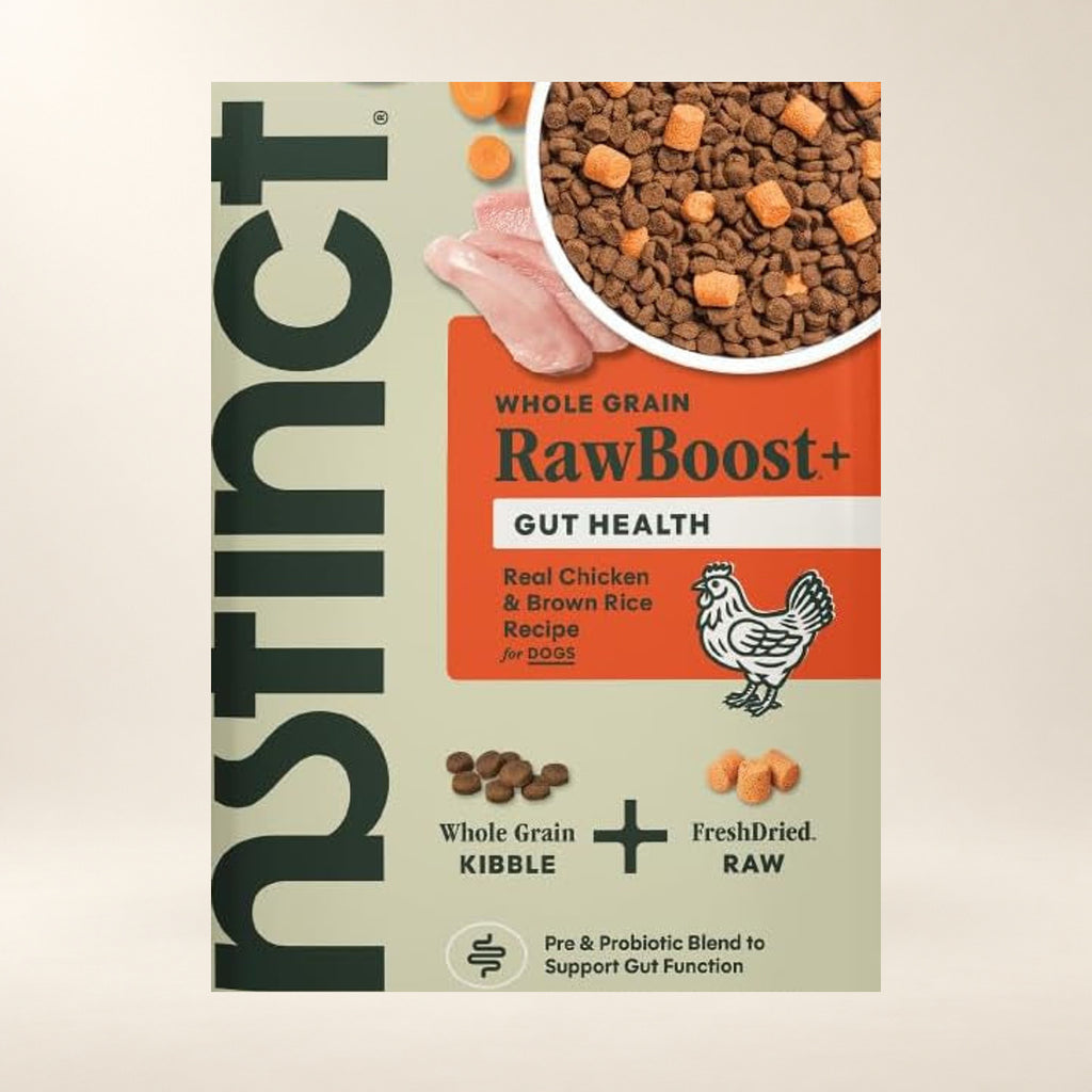 Instinct RawBoost Gut Chicken & Brown Rice Dog Food – 3.5 lb — close-up of the authentic packaging label