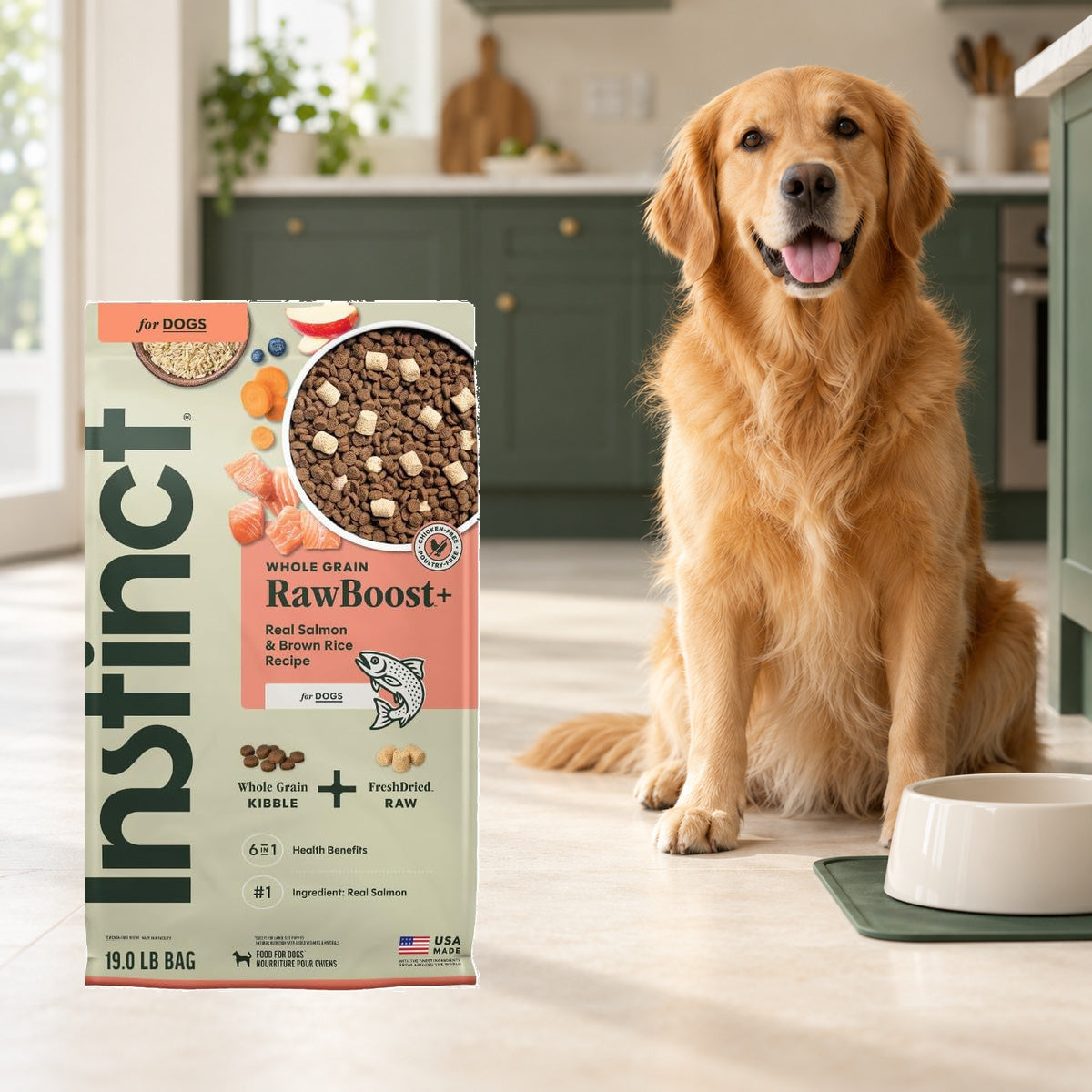 Instinct RawBoost Salmon & Brown Rice Dog Food – 19 lb — packaging in a cream and forest-green mealtime scene