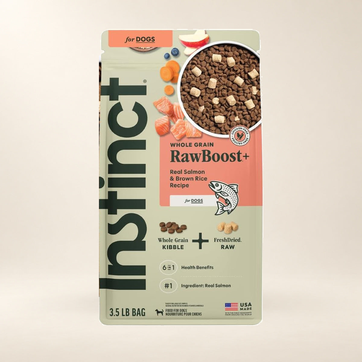 Instinct RawBoost Salmon & Brown Rice Dog Food – 3.5 lb — authentic packaging on a cream background