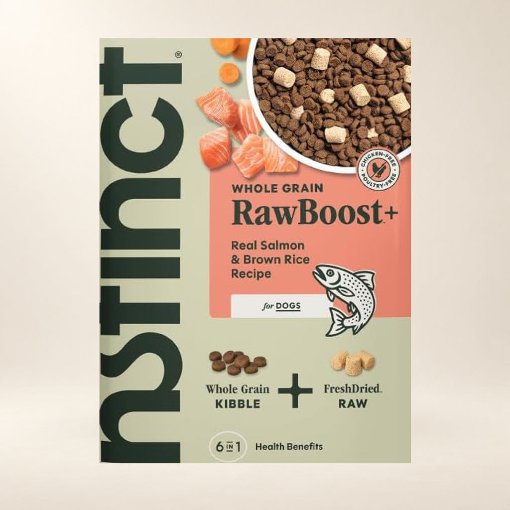 Instinct RawBoost Salmon & Brown Rice Dog Food – 3.5 lb — close-up of the authentic packaging label