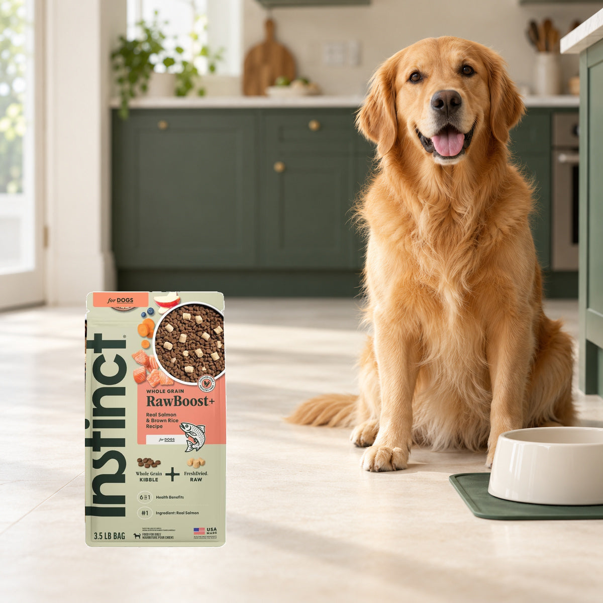 Instinct RawBoost Salmon & Brown Rice Dog Food – 3.5 lb — packaging in a cream and forest-green mealtime scene